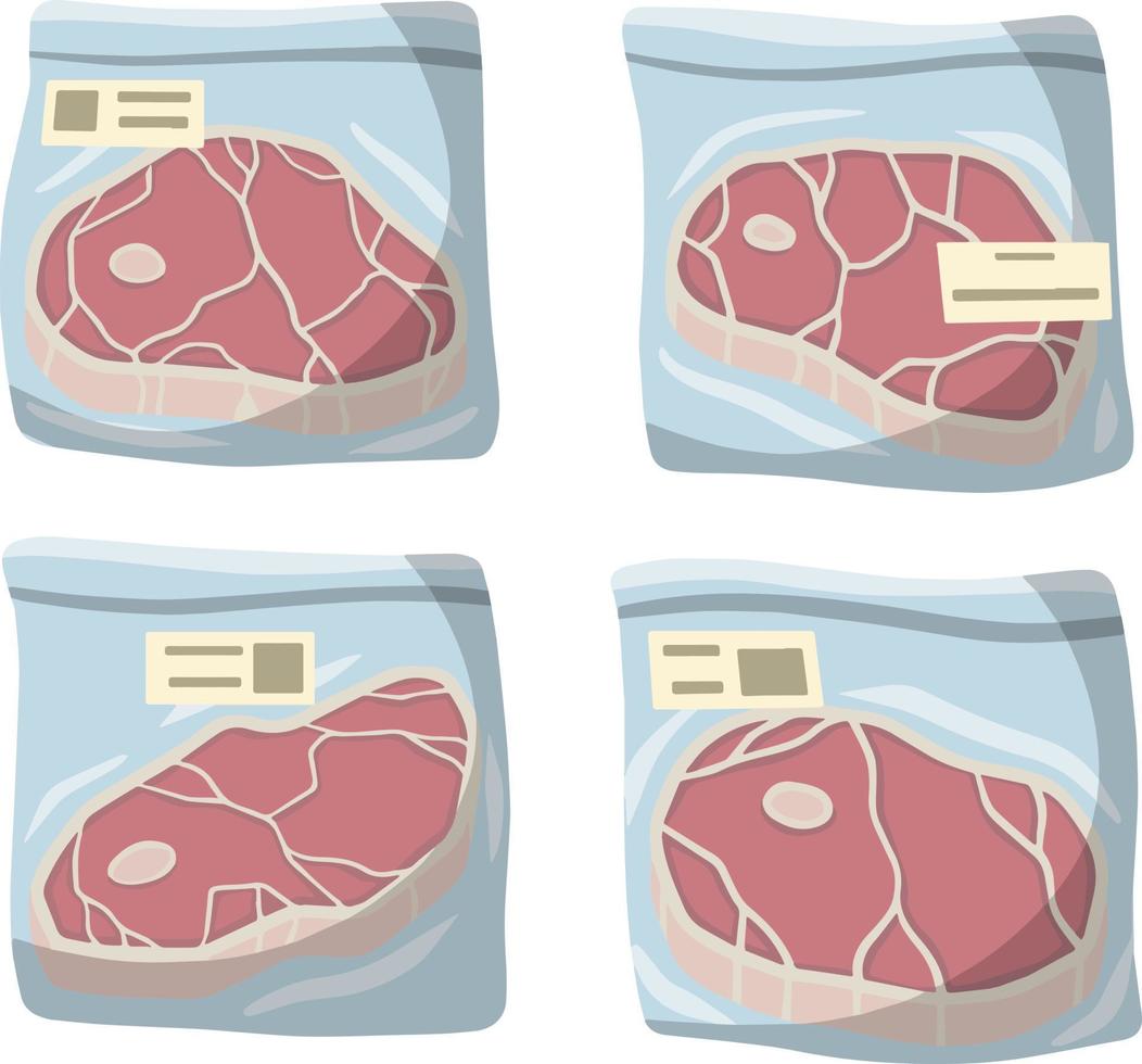 embalagem de carne vermelha congelada. presunto no saco. ilustração plana dos desenhos animados. produtos de supermercado. objeto frio vetor