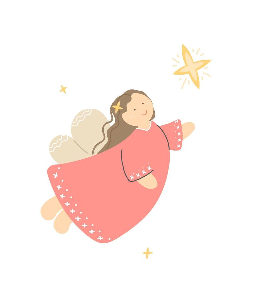 linda garota anjo em um vestido rosa. ilustração vetorial para natal, cartão postal, conto de fadas infantil. vetor