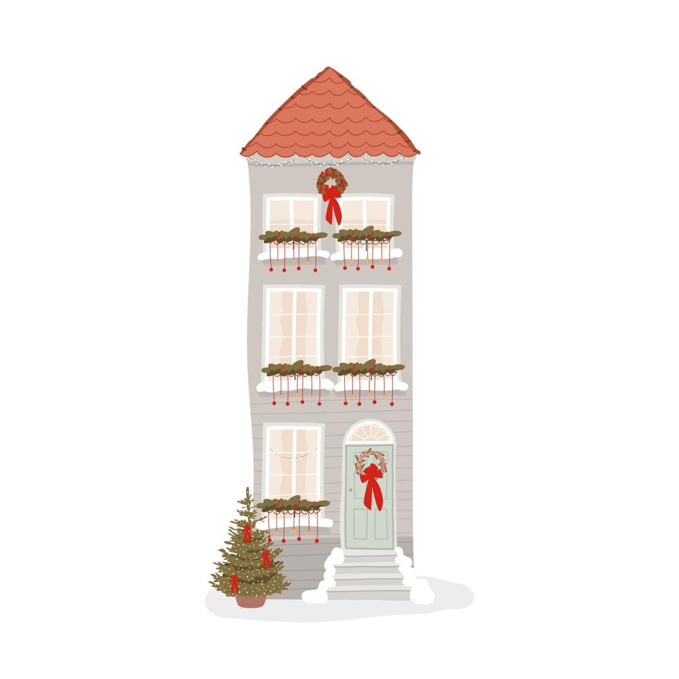 fachada da casa da europa de inverno com decoração de férias de natal e guirlanda de porta e árvore de natal no pote. arquitetura com clima de natal. ilustração vetorial isolada em branco vetor