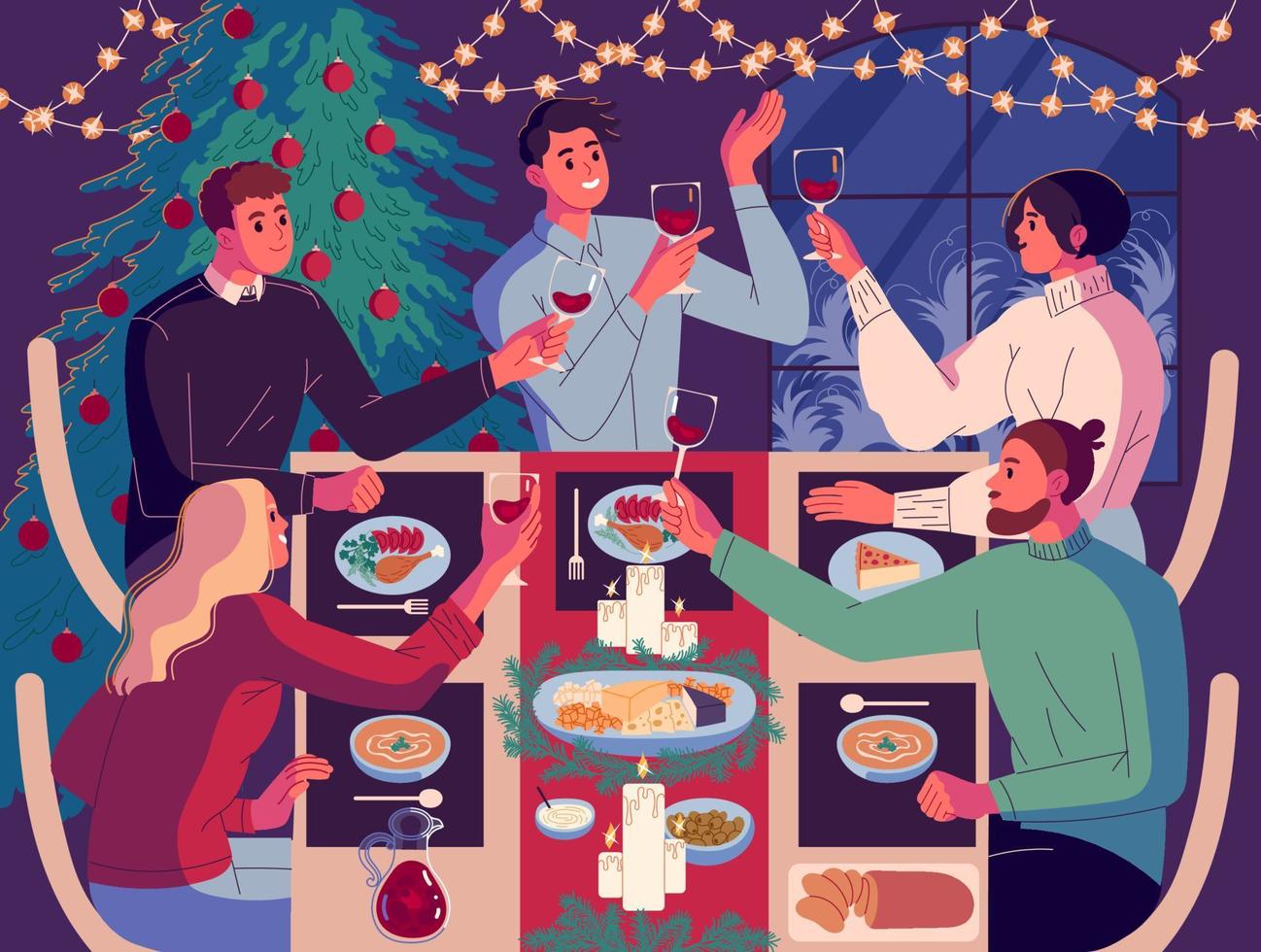 jantar de natal, um grupo de pessoas à mesa comemorando o ano novo vetor