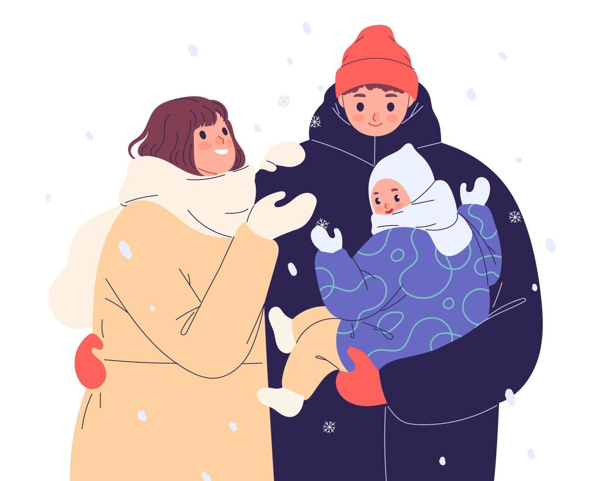 jovem família ao ar livre no inverno, homem segurando bebê e abraçando sua esposa vetor