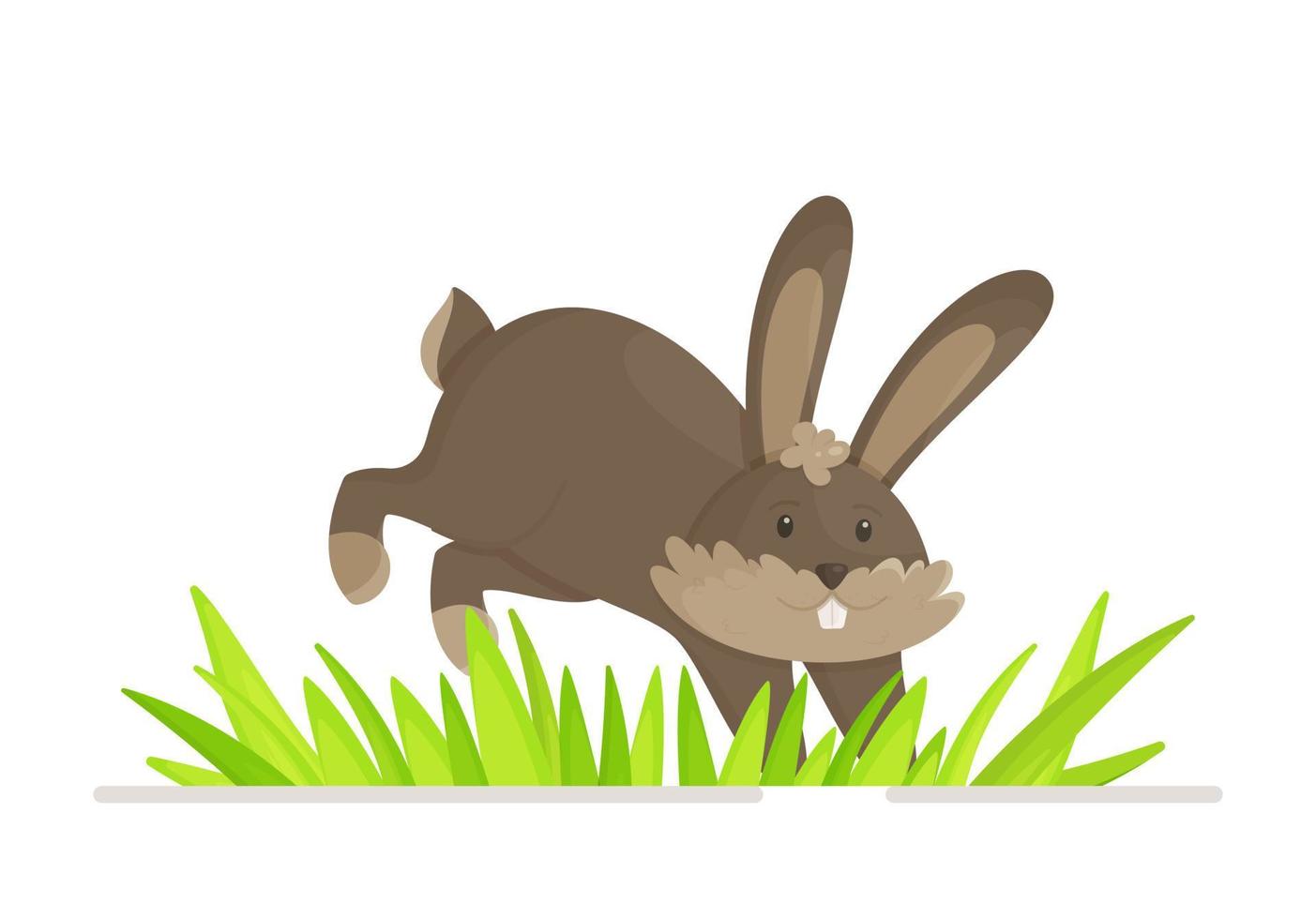 um coelho cinza pulando na grama. ilustração em vetor de um coelhinho fofo pulando. fofo, gentil, fofo, inofensivo.