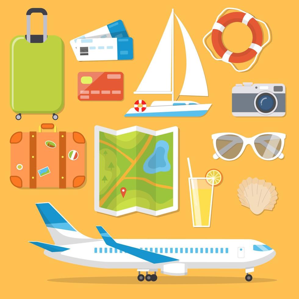 conjunto de elementos isolados sobre o tema de viagens e lazer, bagagem, bilhetes, avião, iate, óculos de sol, câmera, salva-vidas, concha. vetor