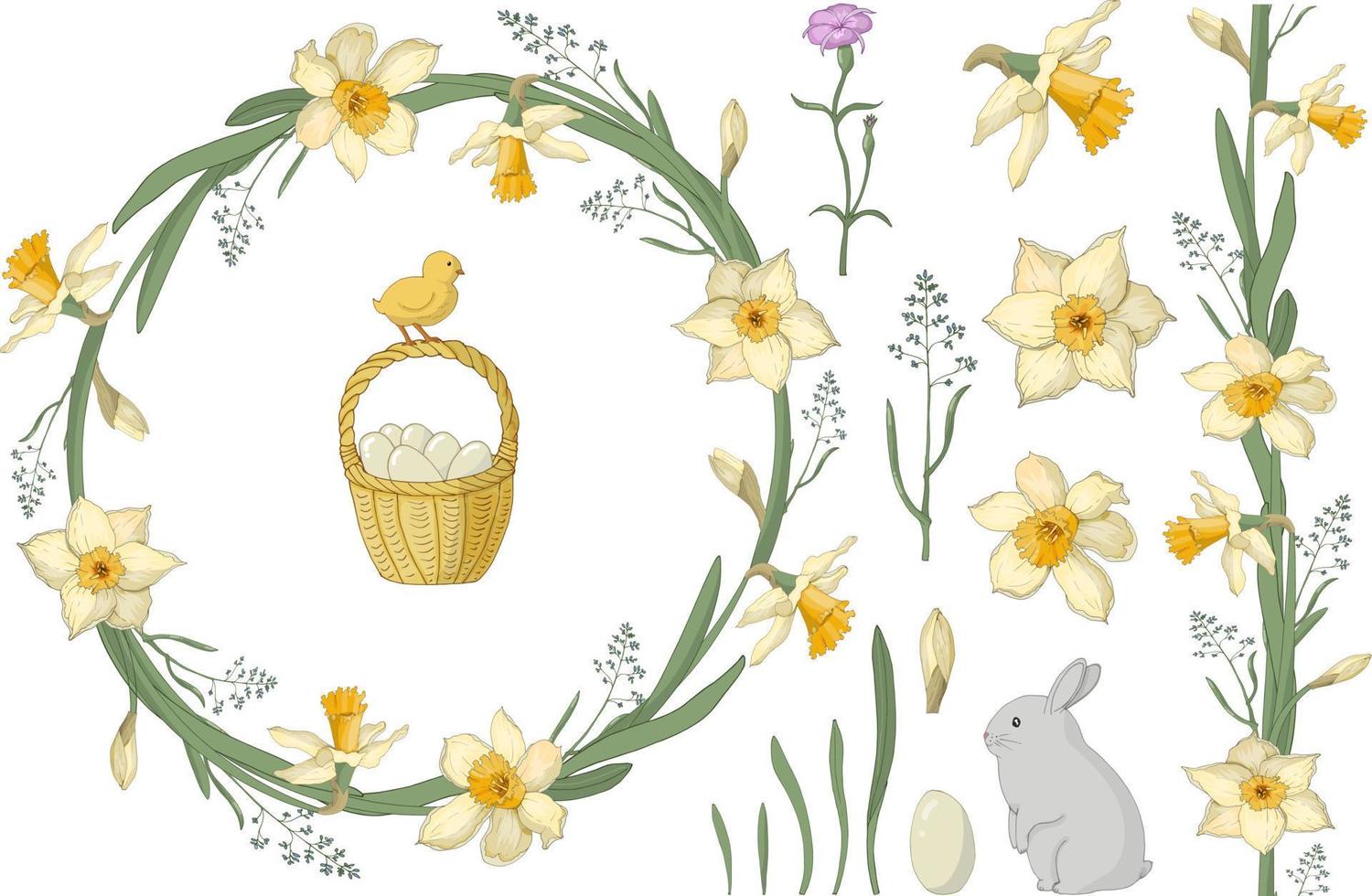 coroa de narcisos e ervas de primavera com a inscrição. cesta de páscoa, ovos, lebre, frango. adequado para cartões postais e convites. vetor