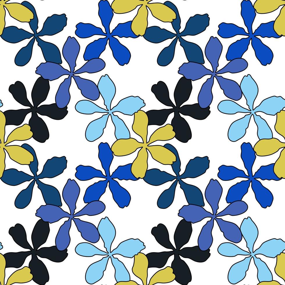 padrão vetorial sem costura com flor de flor de primavera de pétalas amarelas e azuis, ilustração de flora abstrata de desenho em fundo branco para impressão de têxteis de moda, papel de parede e embrulho de papel vetor