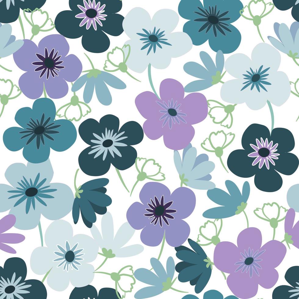 roxo azul margarida pétala flor primavera flor vetor padrão sem emenda, ilustração de flora abstrata desenho em fundo branco para impressão de têxteis de tecido de moda, papel de parede e embrulho de papel