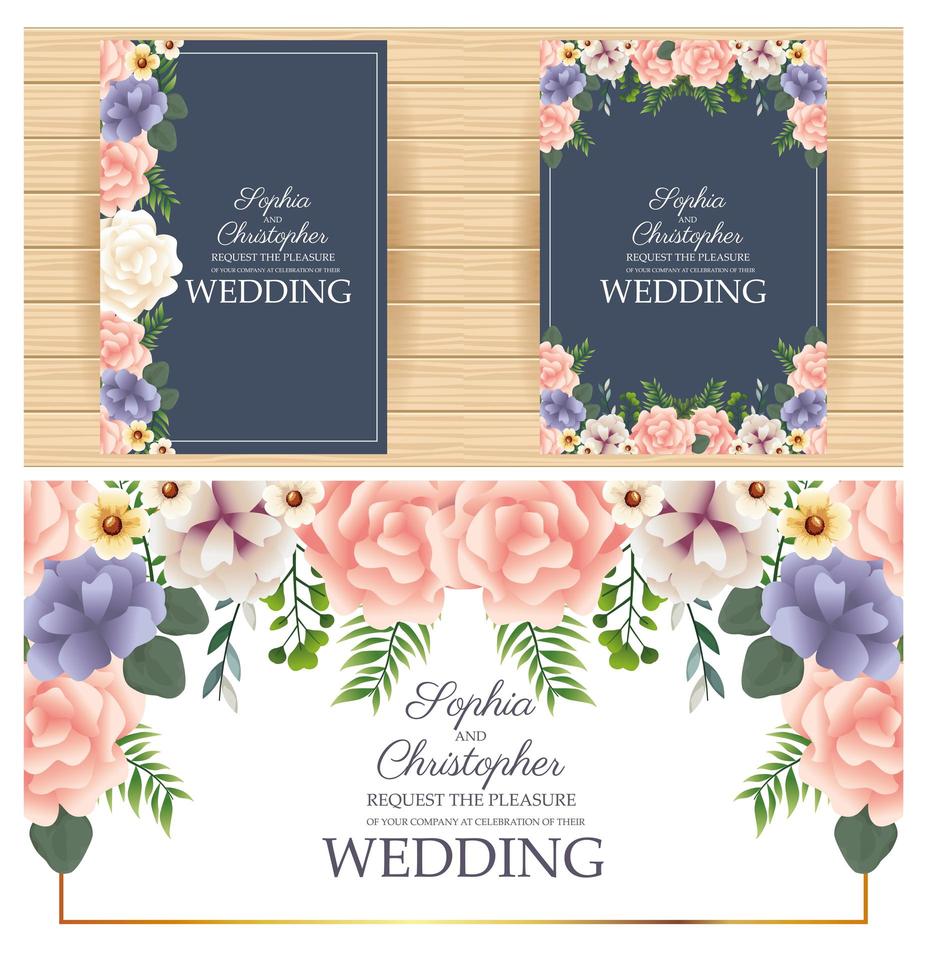 Conjunto de convite de casamento com moldura quadrada floral vetor