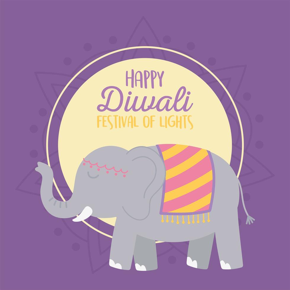 cartão feliz do festival de diwali com elefante vetor