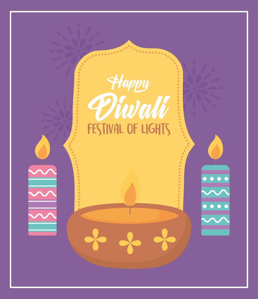 feliz festival de diwali. lâmpada diya e velas acesas vetor