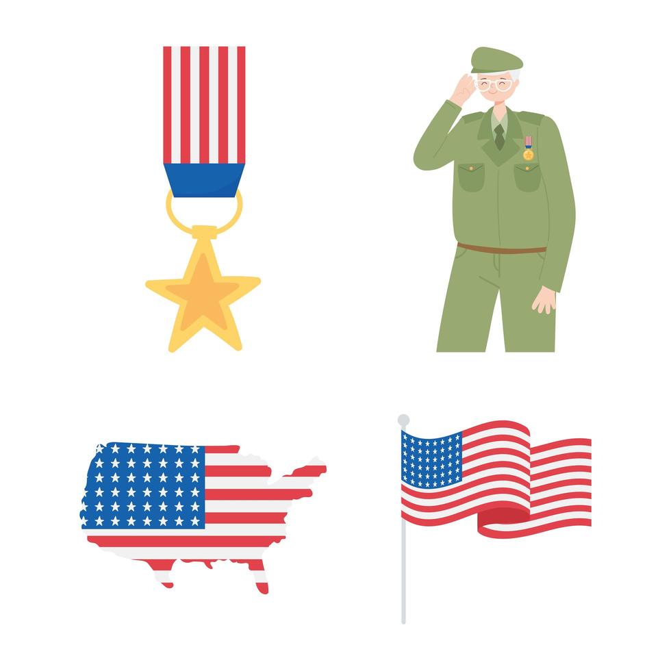 Feliz Dia dos Veteranos. medalha, soldado, mapa e bandeira vetor