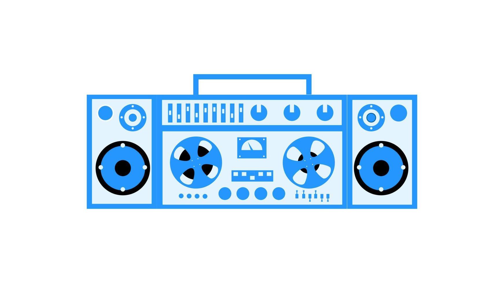 velho gravador de fita cassete de música vintage retrô azul com fita magnética em bobinas e alto-falantes dos anos 70, 80, 90. belo ícone. ilustração vetorial vetor