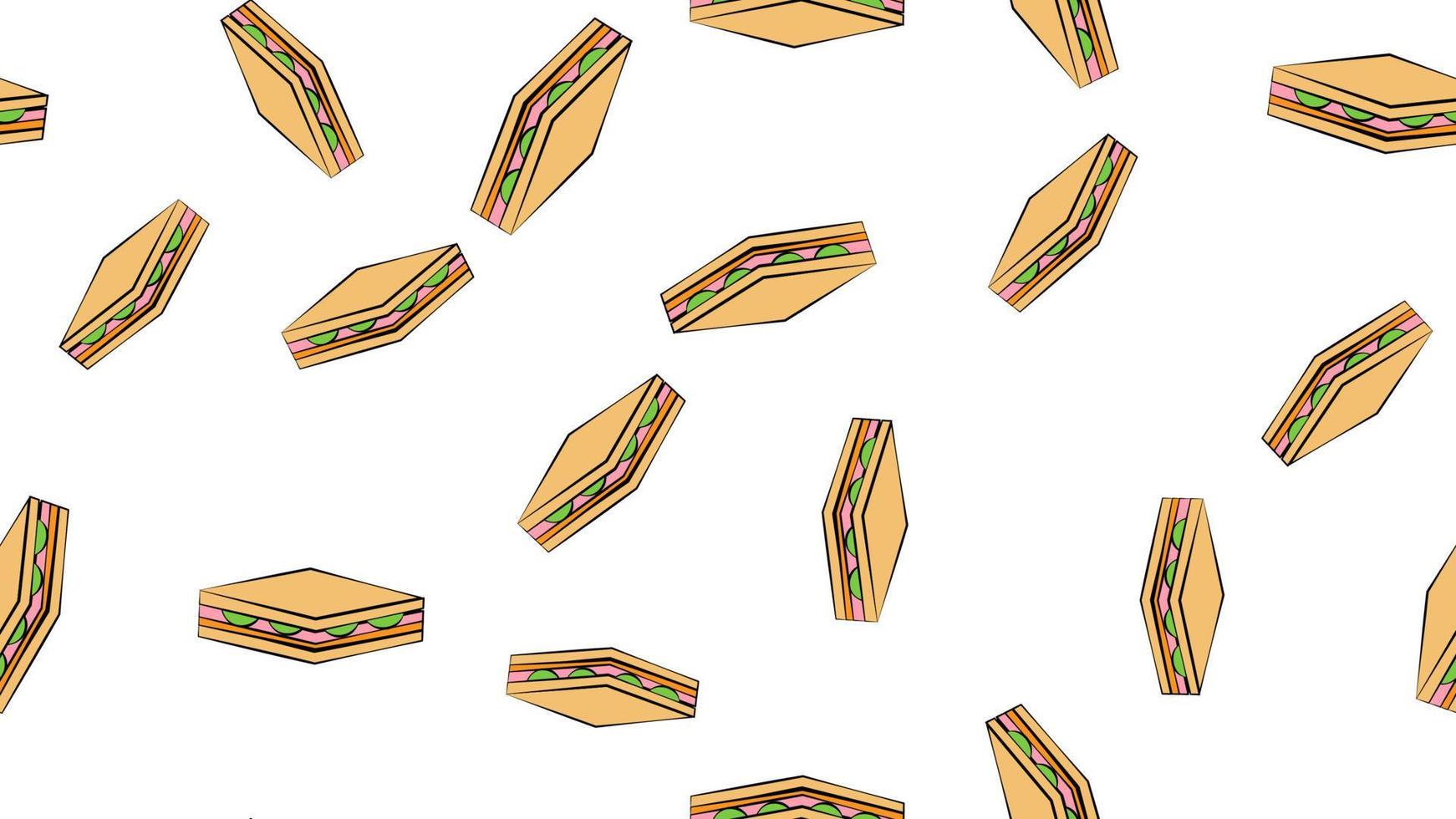 sanduíche com recheio em um fundo branco, ilustração vetorial, padrão. sanduíche apetitoso com carne, queijo e ervas. papel de parede para decoração de fast food. decoração de catering, papel de parede para a cozinha vetor