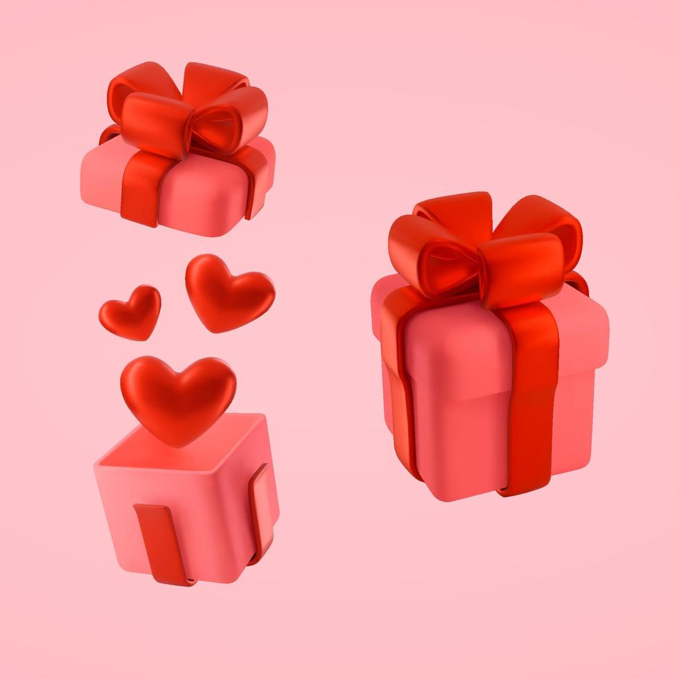 um conjunto de caixas de presente de dia dos namorados em estilo plástico 3d. elementos decorativos vetoriais para design festivo. uma caixa com um laço com uma tampa aberta e fechada e corações vermelhos vetor
