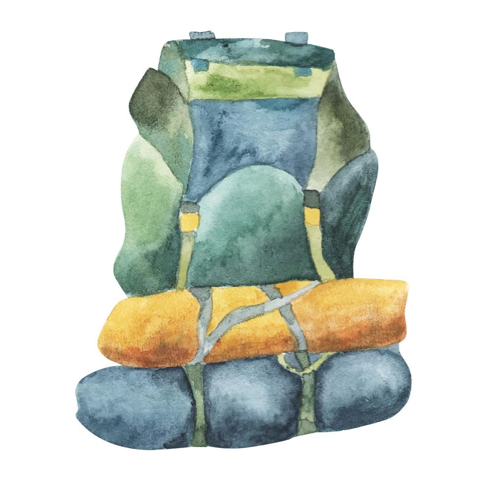 mochila de ilustrações em aquarela de turismo verde azul amarelo com tenda vetor