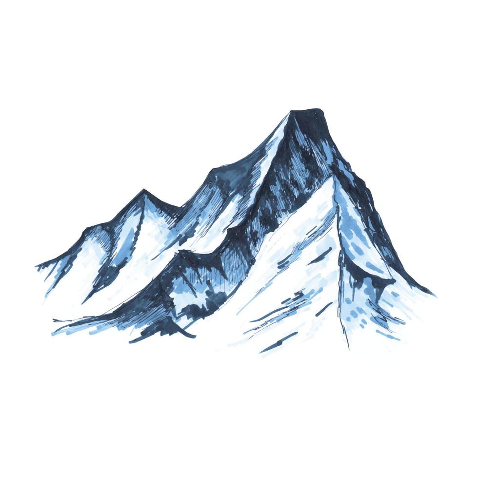 montanhas de pico alto aquarela ilustração azul sobre branco norte vetor