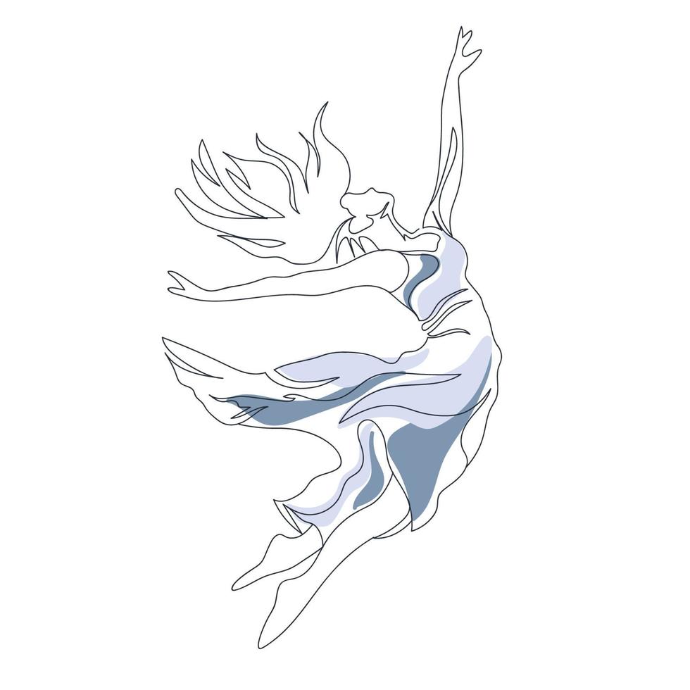 desenho de arte de linha contínua. bailarina bailarina pulando em lindo vestido azul sonho vetor
