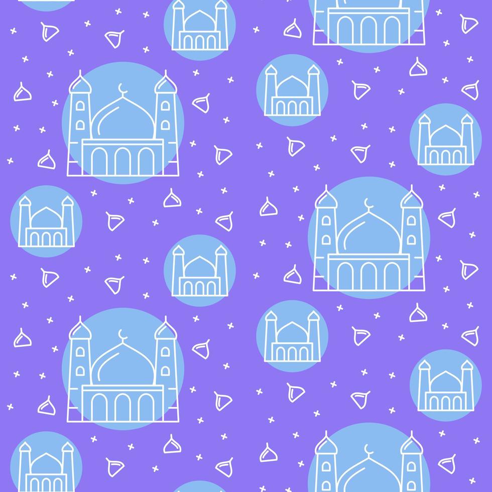 ícone padrão islâmico mesquita torre cúpula religiosa estrela lua arte decoração com estilo plano de tema azul de fundo de cor cheia. vetor