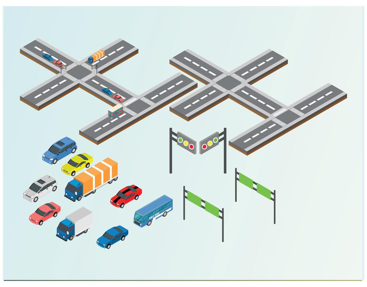 ilustração em vetor 3d isométrica da estrada de tráfego da cidade de semáforos, sinais de direção de transporte. ícone construtor isométrico isolado do banco da cidade, ponto de ônibus e ponte ou marcação de encruzilhada