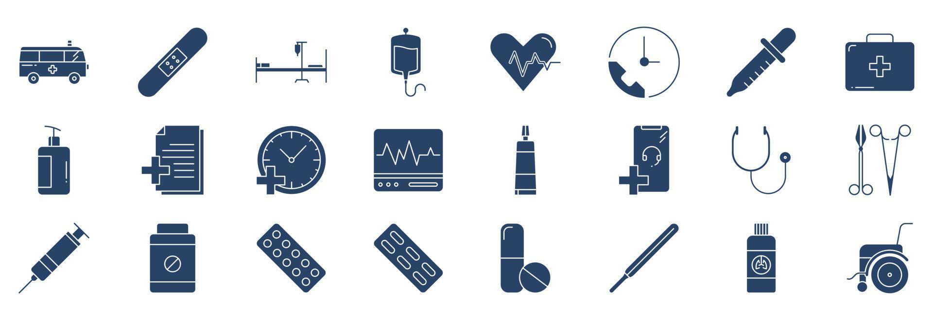 coleção de ícones relacionados ao hospital e médico, incluindo ícones como ambulância, cama, sangue, kit de primeiros socorros e muito mais. ilustrações vetoriais, conjunto perfeito de pixels vetor