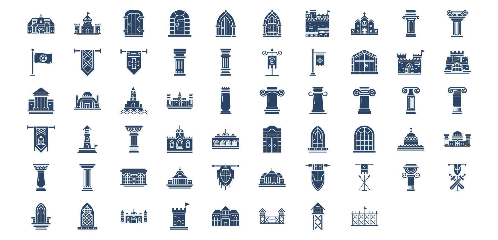 coleção de ícones relacionados à arquitetura medieval, incluindo ícones como castelo, pilar coríntio, forte, palácio e muito mais. ilustrações vetoriais, conjunto perfeito de pixels vetor