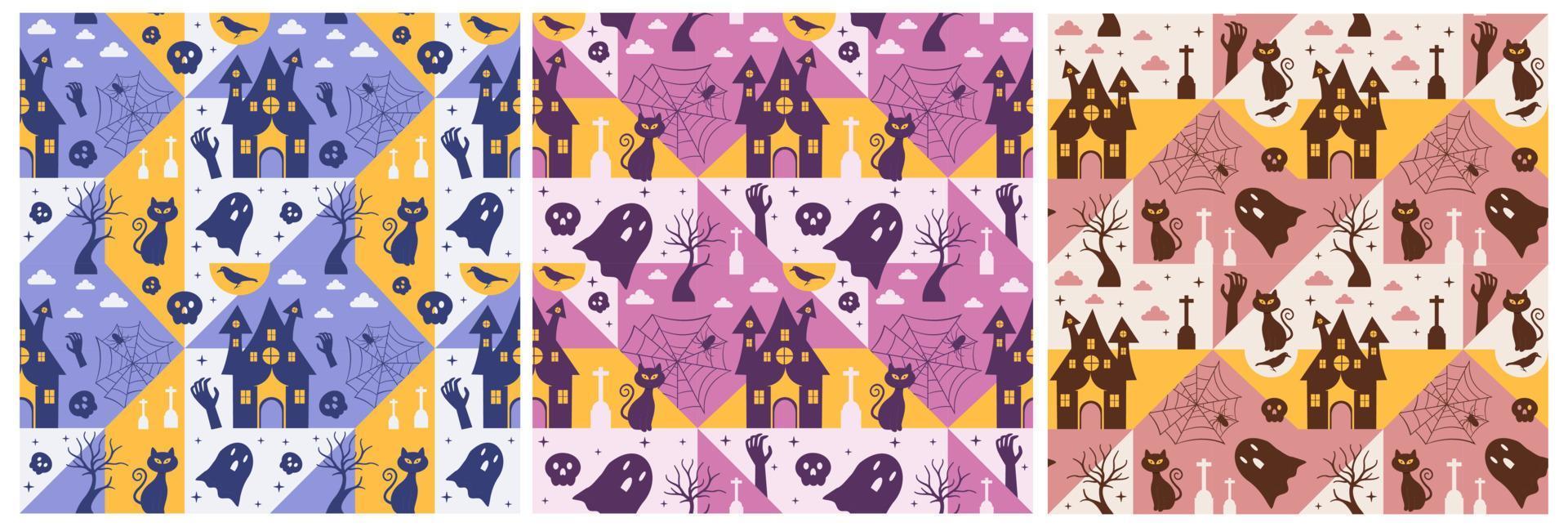 conjunto de design de padrão sem costura de halloween com bruxa, casa assombrada, abóboras ou morcegos em modelo de ilustração plana de desenho animado desenhado à mão vetor