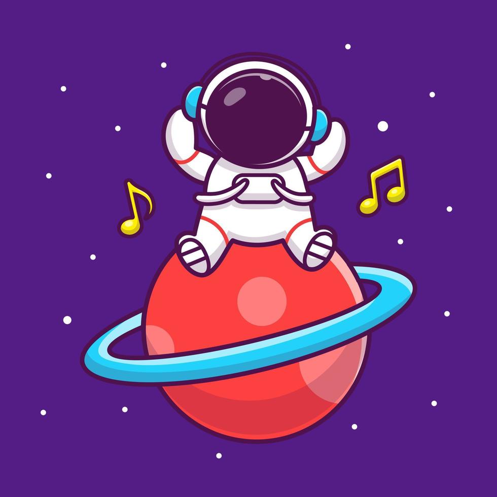 bonito astronauta ouvindo música na ilustração do ícone do vetor dos desenhos animados do planeta. pessoas ciência espaço ícone conceito isolado vetor premium. estilo de desenho animado plano