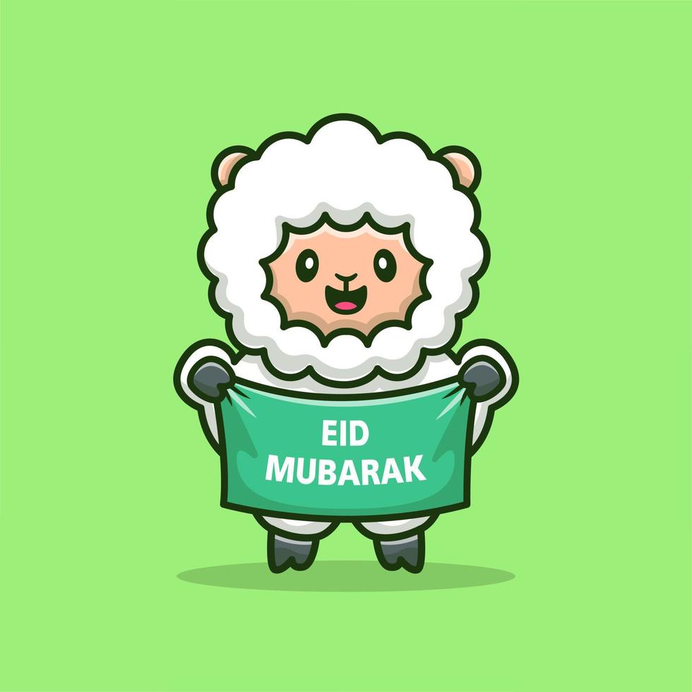 ovelhas bonitas segurando a ilustração do ícone do vetor dos desenhos animados de bandeira eid mubarak. animal religião ícone conceito isolado vetor premium. estilo de desenho animado plano