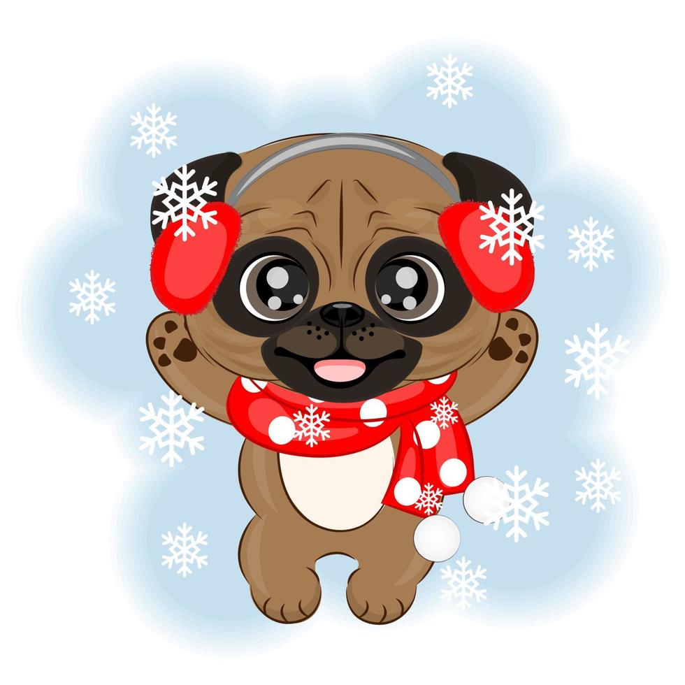 cão pug fofo em roupas de inverno ilustração vetorial de natal vetor