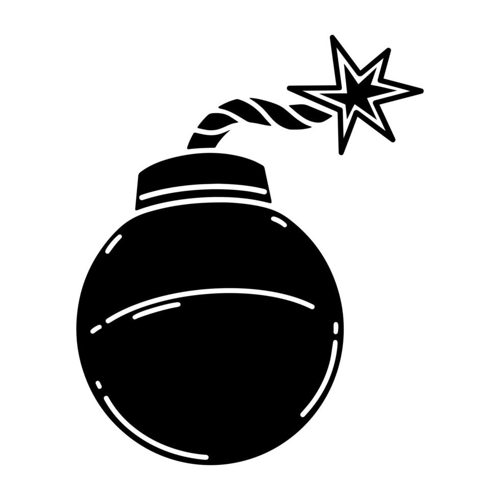 ícone de vetor de bomba. uma granada redonda de metal com um pavio em chamas. ilustração desenhada à mão isolada no branco. arma explosiva perigosa. doodle simples dos desenhos animados, silhueta preta. clipart para logotipo, web, aplicativos