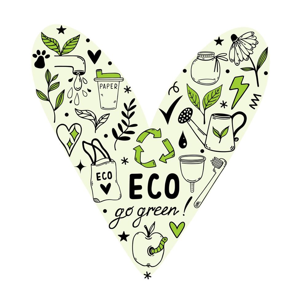 conjunto de vetores eco doodles. símbolos de cuidado ambiental - reciclagem, embalagens reutilizáveis, energia natural. vá verde, desperdício zero. elementos bio, forma de coração. clipart para cartazes, cartões. isolado em branco