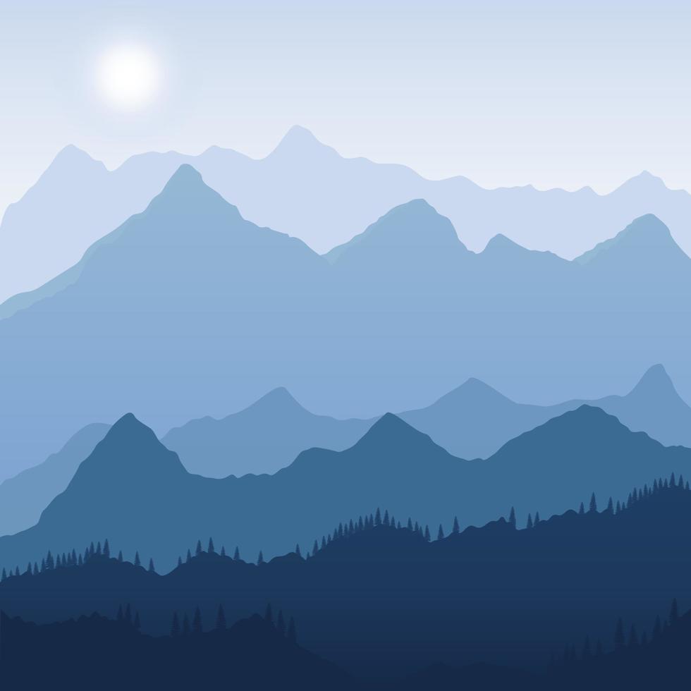 ilustração da paisagem montanhosa com floresta e nevoeiro. primavera nublada ou céu de inverno nas montanhas vetor