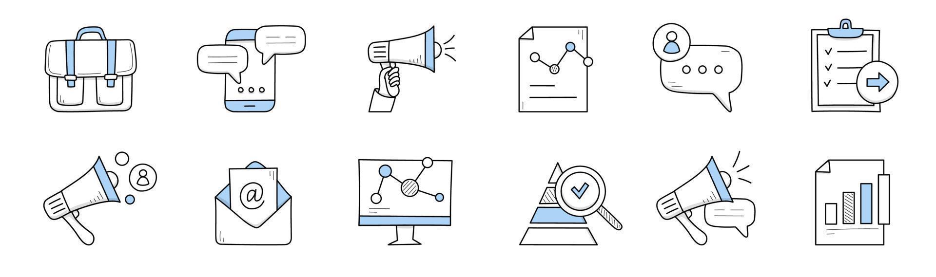 coleção de ícones de negócios de doodle de marketing digital vetor