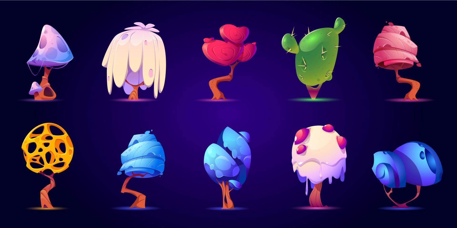 árvores de fantasia e cogumelos para design de jogos de interface do usuário vetor