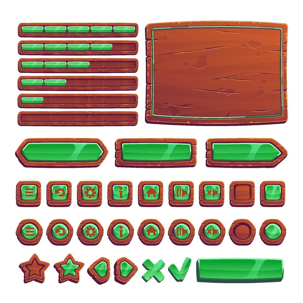 botões de tábuas de madeira com verde para jogo de interface do usuário vetor