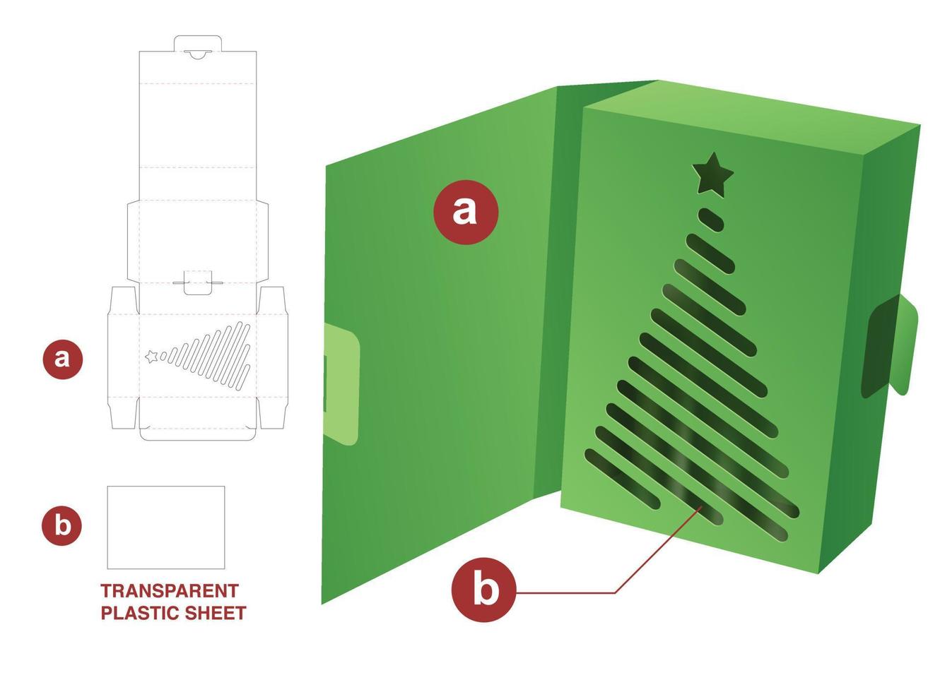 cobrir a caixa flip com modelo de corte e vinco de janela de árvore de natal e maquete 3d vetor