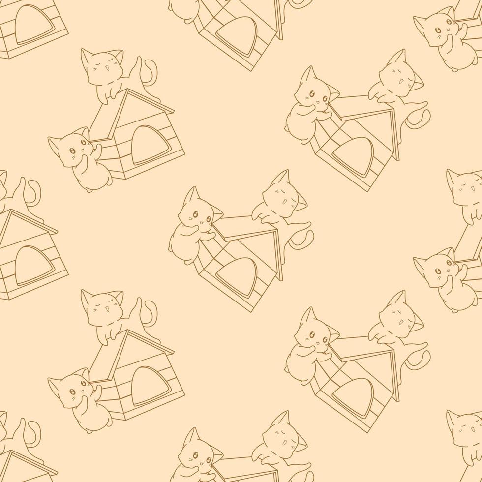 gato doodle fofo e padrão perfeito de desenho de casa de madeira vetor
