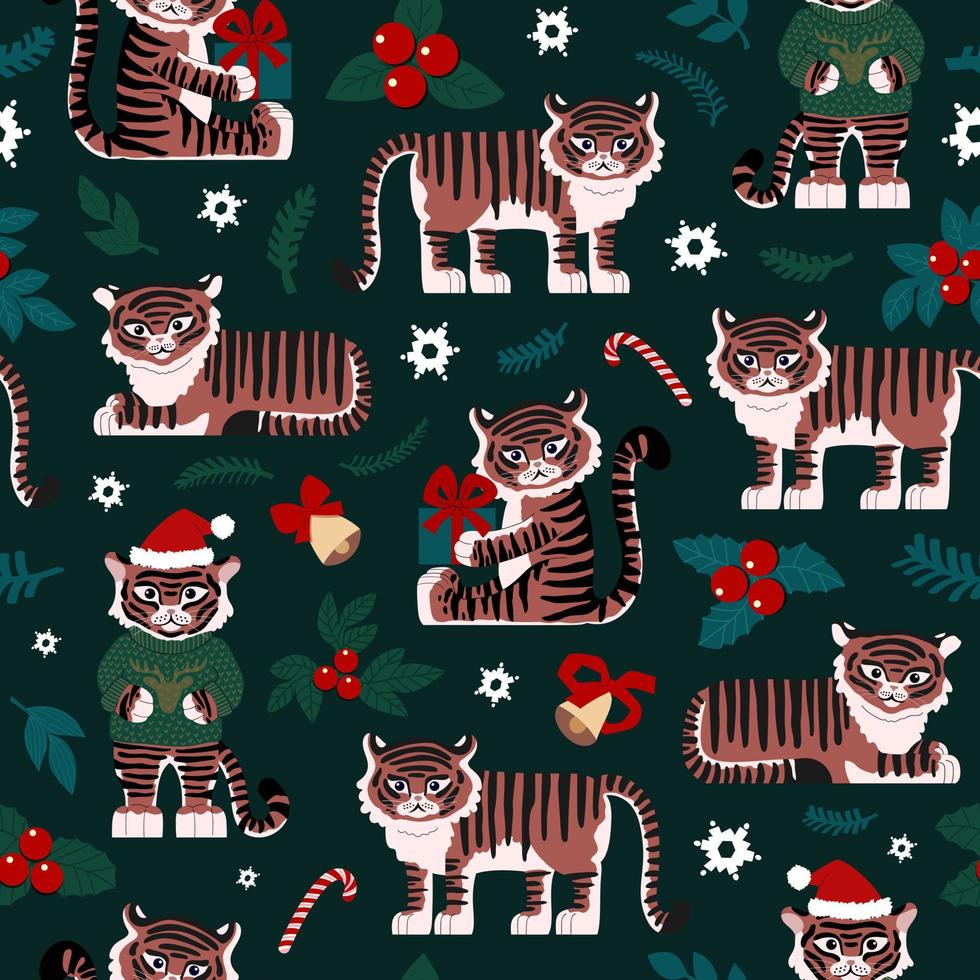 tigres bonitos comemoram o natal. sem costura padrão de símbolos de Natal. ramos de abeto, flocos de neve, sinos, presentes, doces. para papel de embrulho, tecido, cartões e outros desenhos. ilustração infantil. vetor