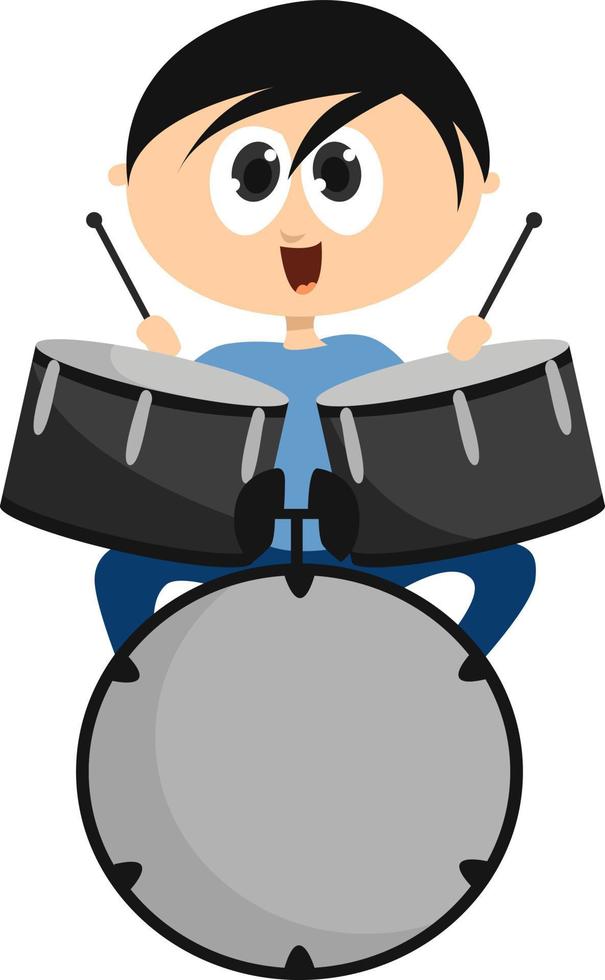 menino tocando bateria, ilustração, vetor em fundo branco