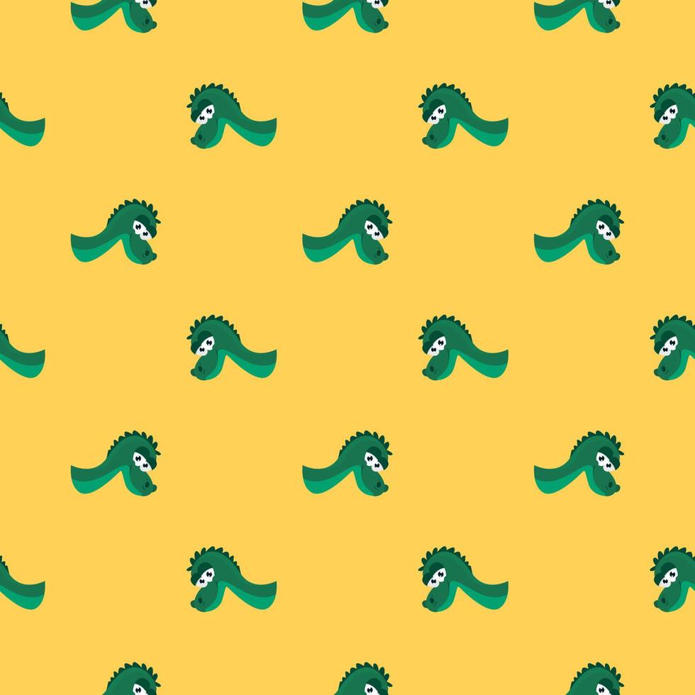 cabeças de dinossauro verde, padrão sem emenda em fundo amarelo. vetor
