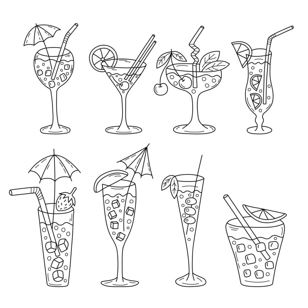 conjunto de doodle de coquetel. bebidas de barra de contorno desenhadas à mão. vetor
