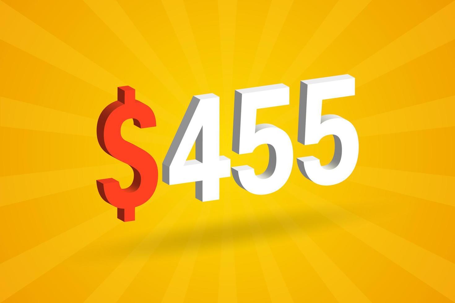 455 usd símbolo de texto 3d. 455 dólares do estado unido 3d com vetor de estoque de dinheiro americano de fundo amarelo