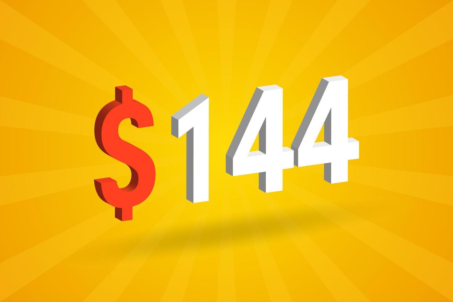 144 usd símbolo de texto 3d. 144 dólares do estado unido 3d com vetor de estoque de dinheiro americano de fundo amarelo