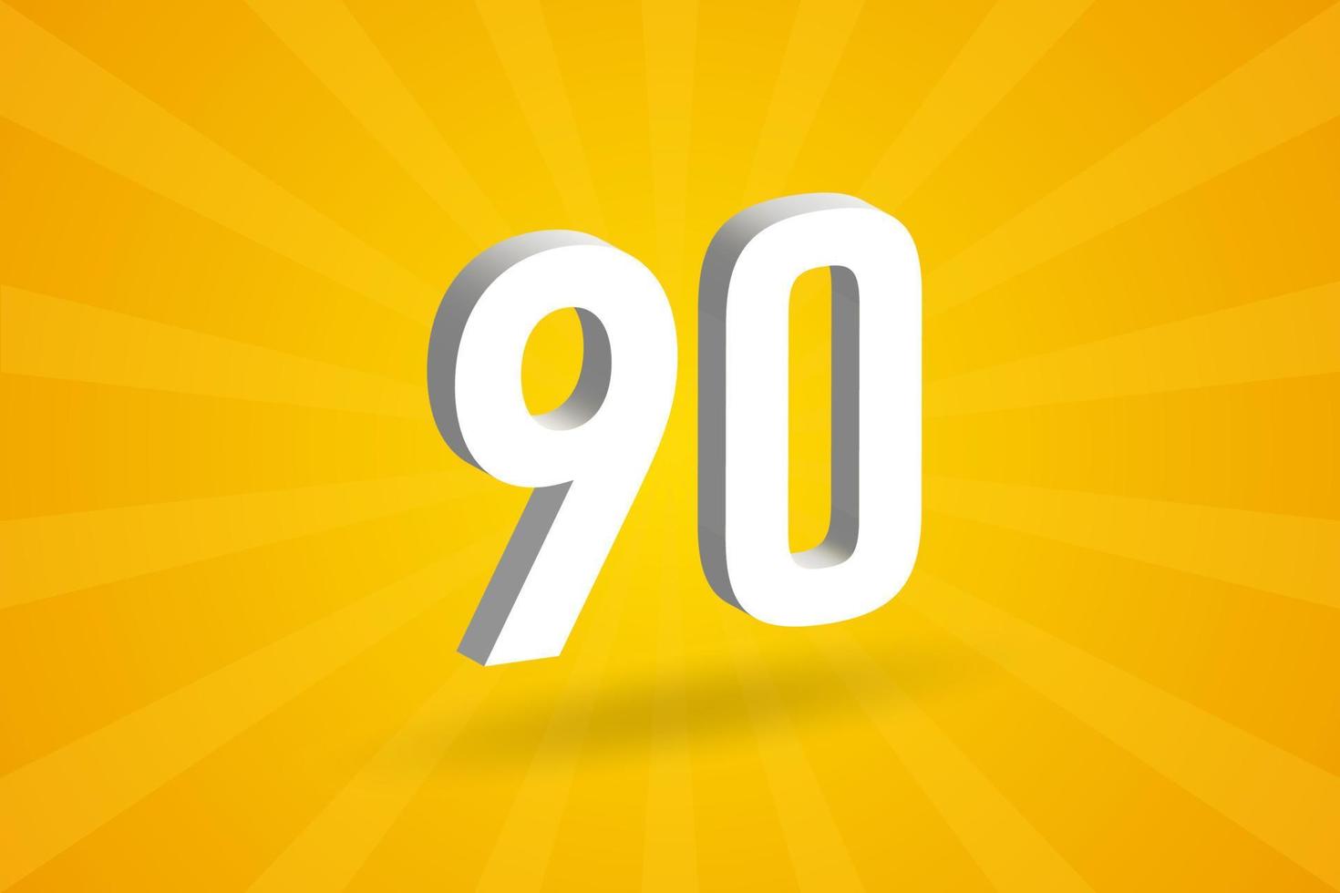 alfabeto de fonte de 90 números 3D. branco 3d número 90 com fundo amarelo vetor