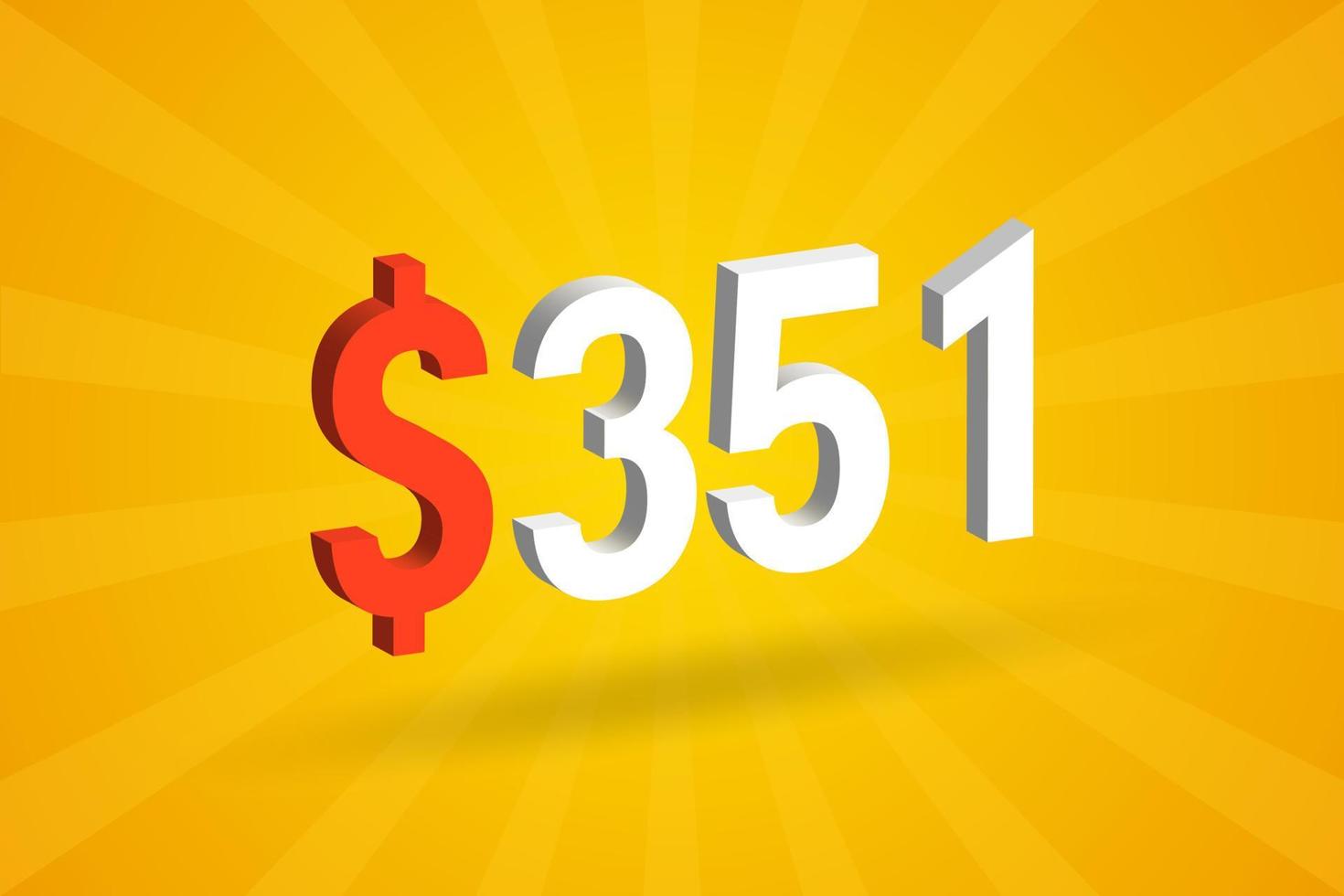 351 usd símbolo de texto 3d. 351 dólar do estado unido 3d com vetor de estoque de dinheiro americano de fundo amarelo
