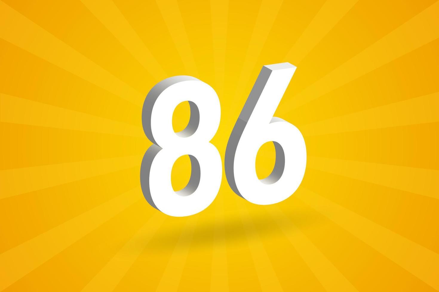 alfabeto de fonte de 86 números 3D. branco 3d número 86 com fundo amarelo vetor