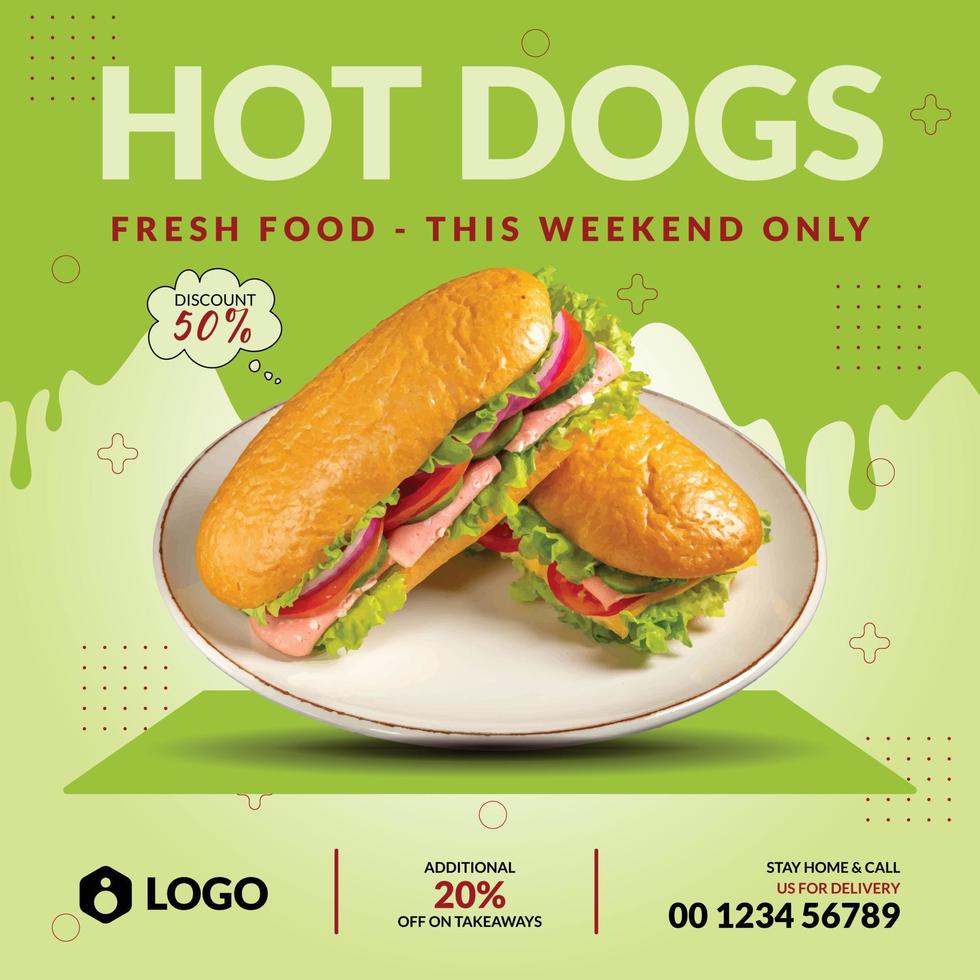 super deliciosos cachorros-quentes e menu de comida de restaurante modelo de design de postagem de banner de promoção de mídia social vetor