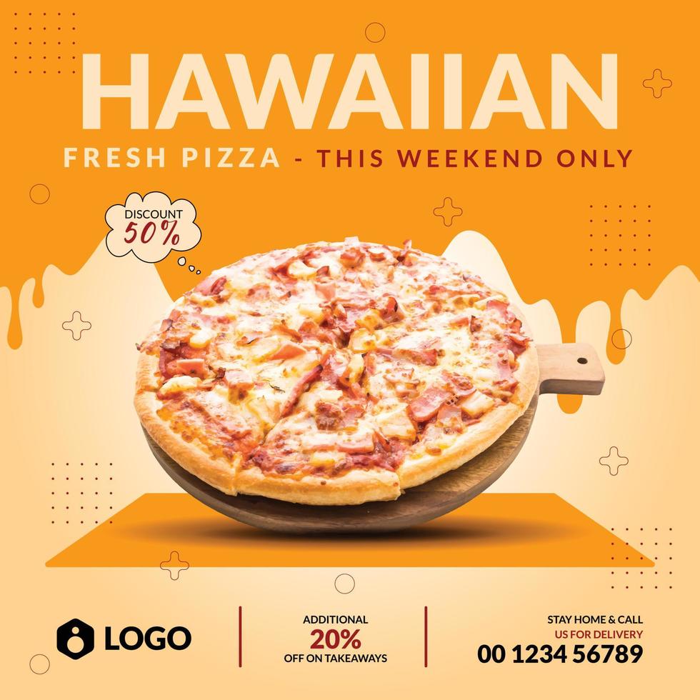 modelo de design de postagem de banner de promoção de mídia social super deliciosa pizza e menu de comida de restaurante vetor