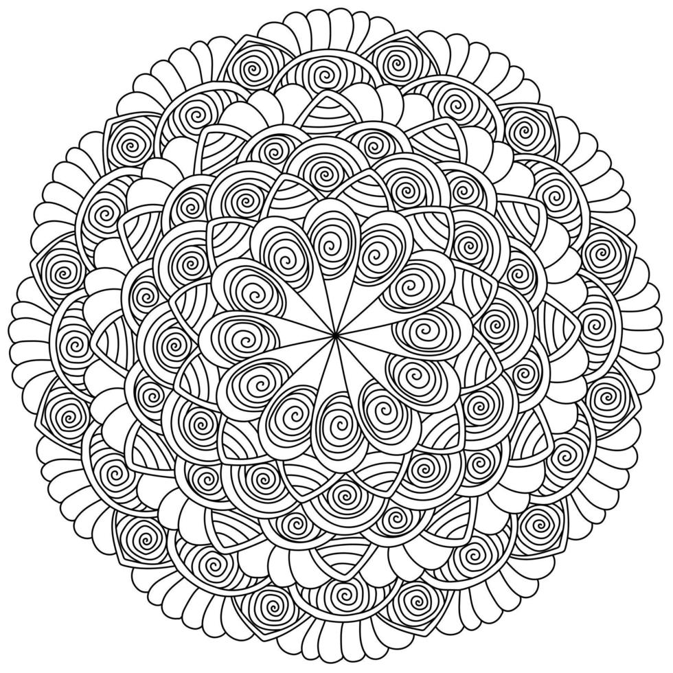 desenho de mandala de contorno com elementos espirais e pétalas listradas, meditativo para colorir vetor