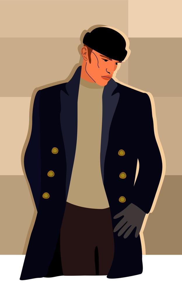 jovem modelo masculino atraente com casaco azul escuro, chapéu preto, suéter bege e calça marrom. em fundo bege quadriculado. roupa quente. vetor