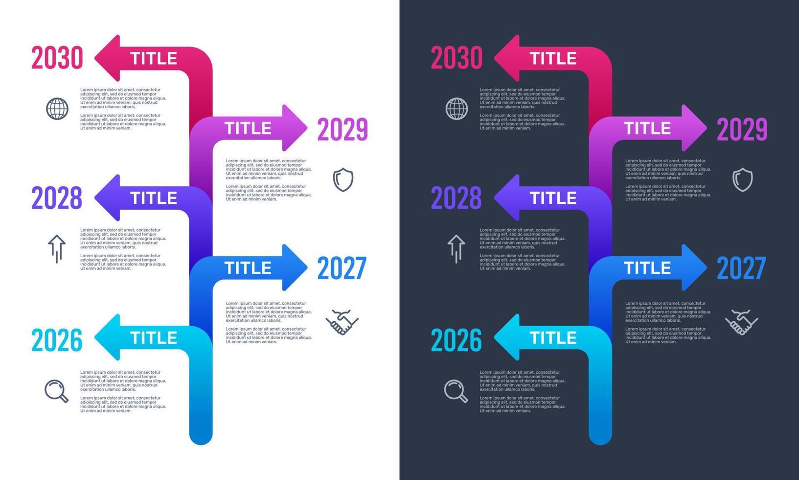 modelo de infográficos de linha do tempo vertical com cinco setas mostrando informações a cada ano. ilustração vetorial. vetor